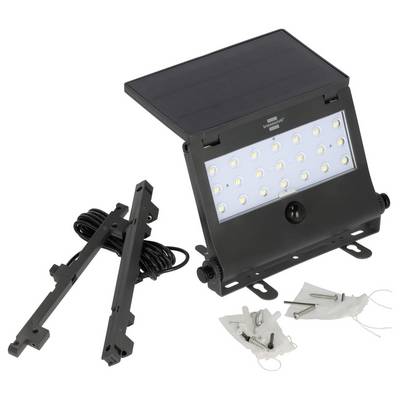 Kit de projecteur LED alimenté par l'énergie solaire avec supports de montage réglables, câble et matériel d'installation sur fond blanc.