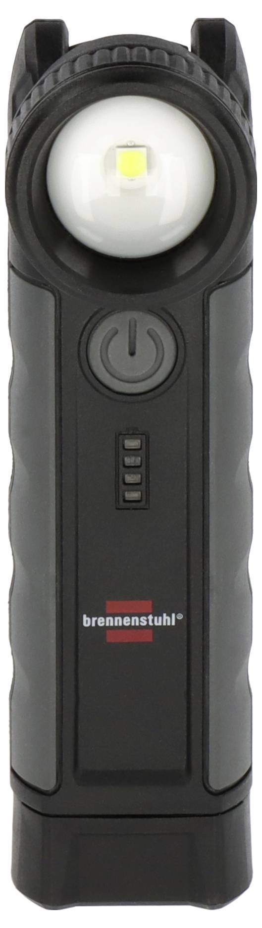 Lampe de poche noire portable avec une grande LED frontale et bouton d'alimentation, de marque Brennenstuhl.