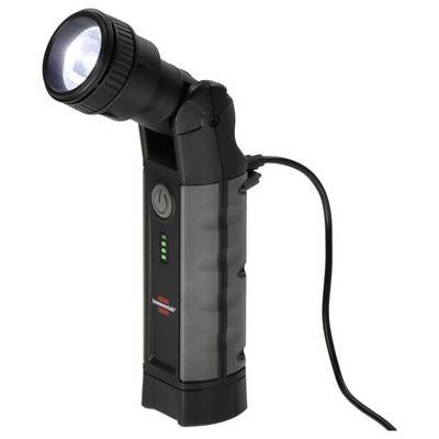 Lampe de travail LED portative noire avec tête inclinée, bouton d'alimentation, indicateur de batterie et cordon attaché sur fond blanc