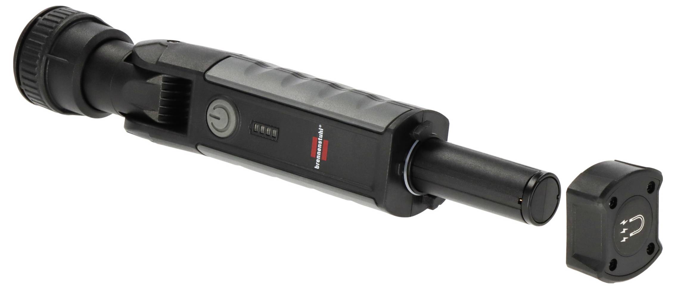 Gonfleur de pneus portatif noir ou pompe à air avec tuyau et adaptateur de buse, présenté sur un fond blanc.
