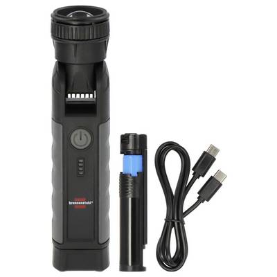 Lampe de poche LED rechargeable noire avec bouton d'alimentation intégré, présentée avec batterie et câble de charge USB.