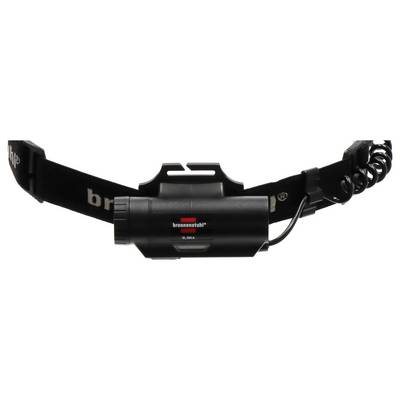 Lampe frontale noire Brennenstuhl avec sangle ajustable, boîtier de lampe central et câble d'alimentation enroulé, présentée sur un fond blanc.