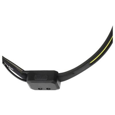 Gros plan de monture de lunettes ou de protection noire avec un pont nasal central et une bande d'accent jaune sur une branche.