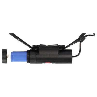 Dispositif cylindrique noir avec un compartiment de batterie bleu, capuchon d'extrémité retiré, et un câble attaché sur fond blanc.