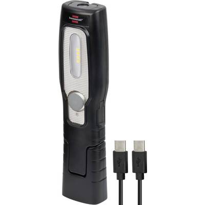 Lampe de travail LED rechargeable noire avec câble de charge USB, présentée en position verticale sur un fond blanc.