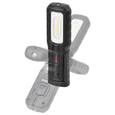 Lampe de travail LED rechargeable noire présentée en vue de face, avec des superpositions translucides indiquant plusieurs angles de la même lampe de poche.