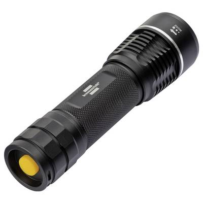 Lampe de poche portative noire avec poignée texturée et lentille jaune, présentée sur fond blanc.