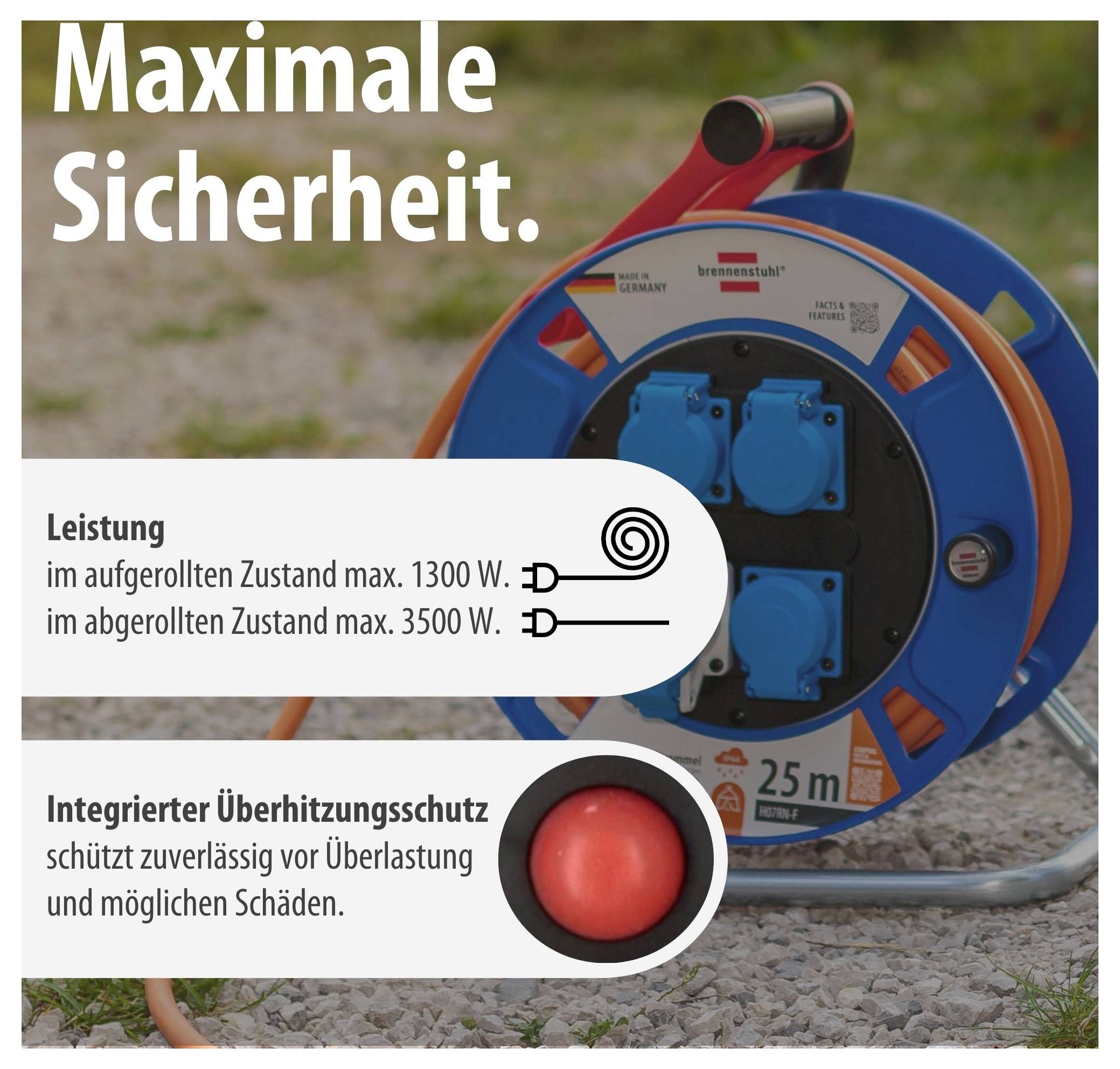 Publicité pour un enrouleur de câble avec « Sécurité Maximale », caractéristiques de puissance 1300 W enroulé et 3500 W déroulé ainsi que protection intégrée contre la surchauffe.