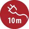 Panneau d'avertissement circulaire rouge avec une icône de cordon d'alimentation débranché blanc et le texte « 10m », indiquant une limite de câble électrique de 10 mètres.