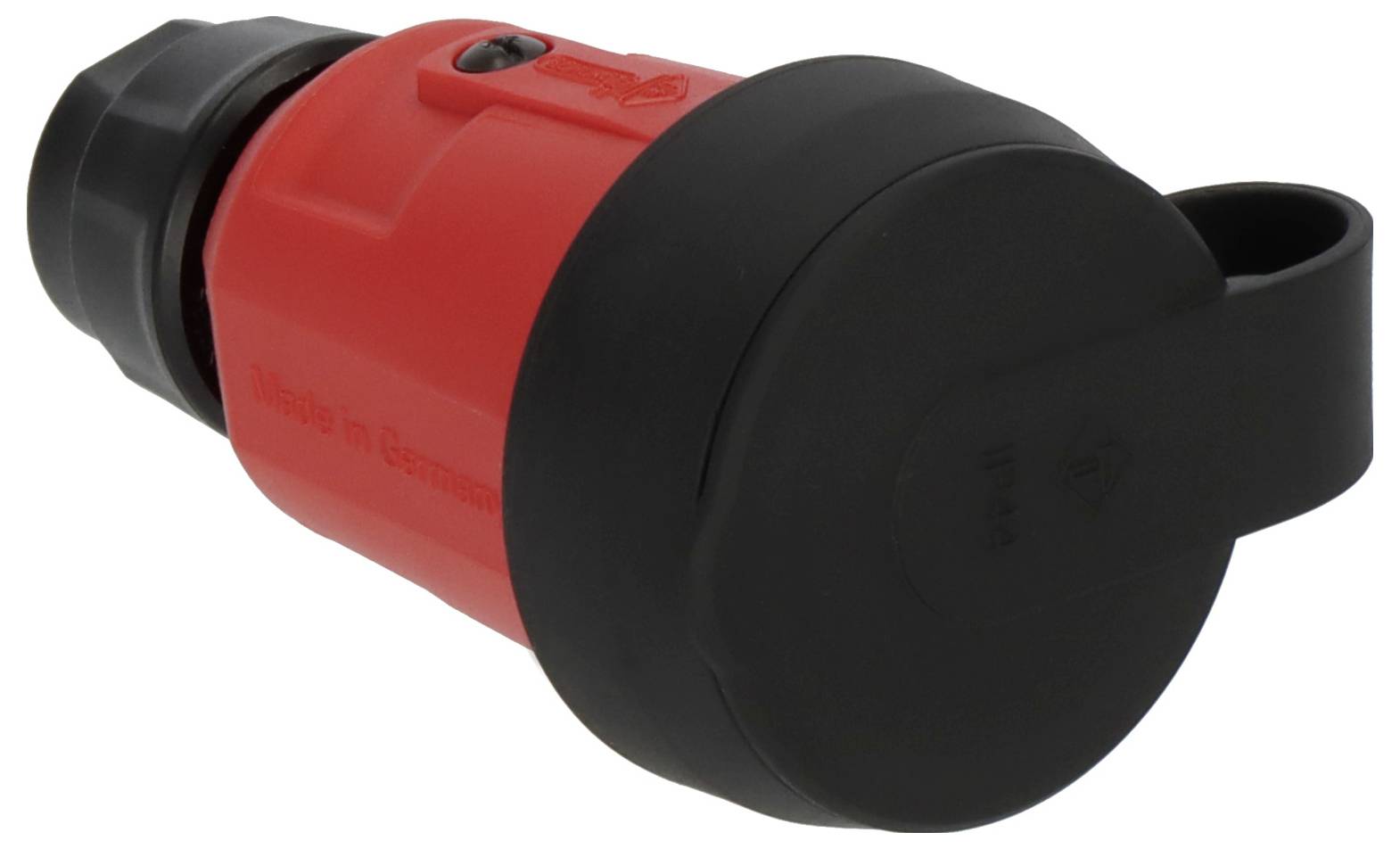 Lampe de poche portative rouge et noire ou balise d'urgence avec poignée à sangle, présentée sur un fond blanc.