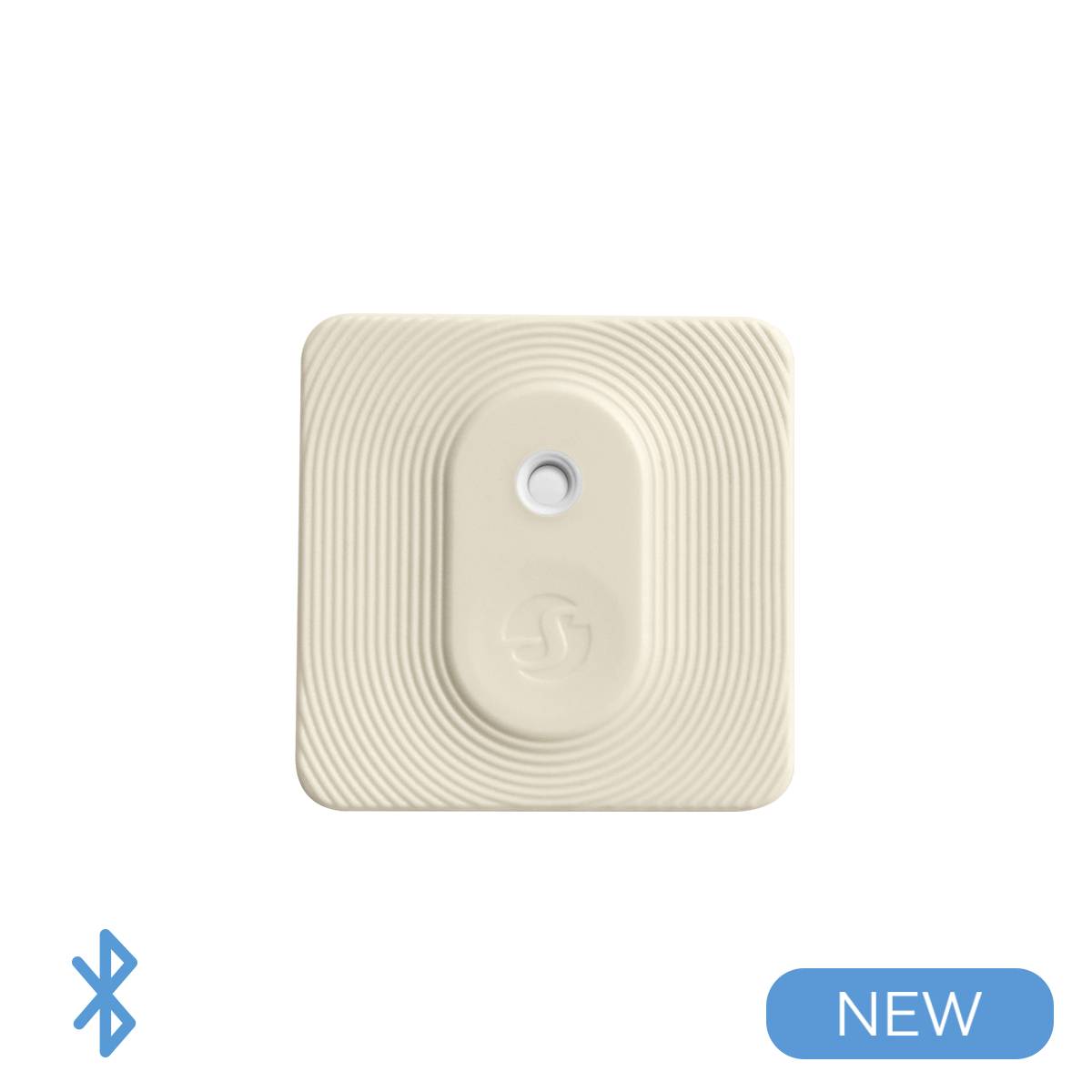 Un appareil Bluetooth blanc carré avec un motif circulaire et un capteur central. En bas à droite, on peut lire 'NOUVEAU' en écriture bleue.