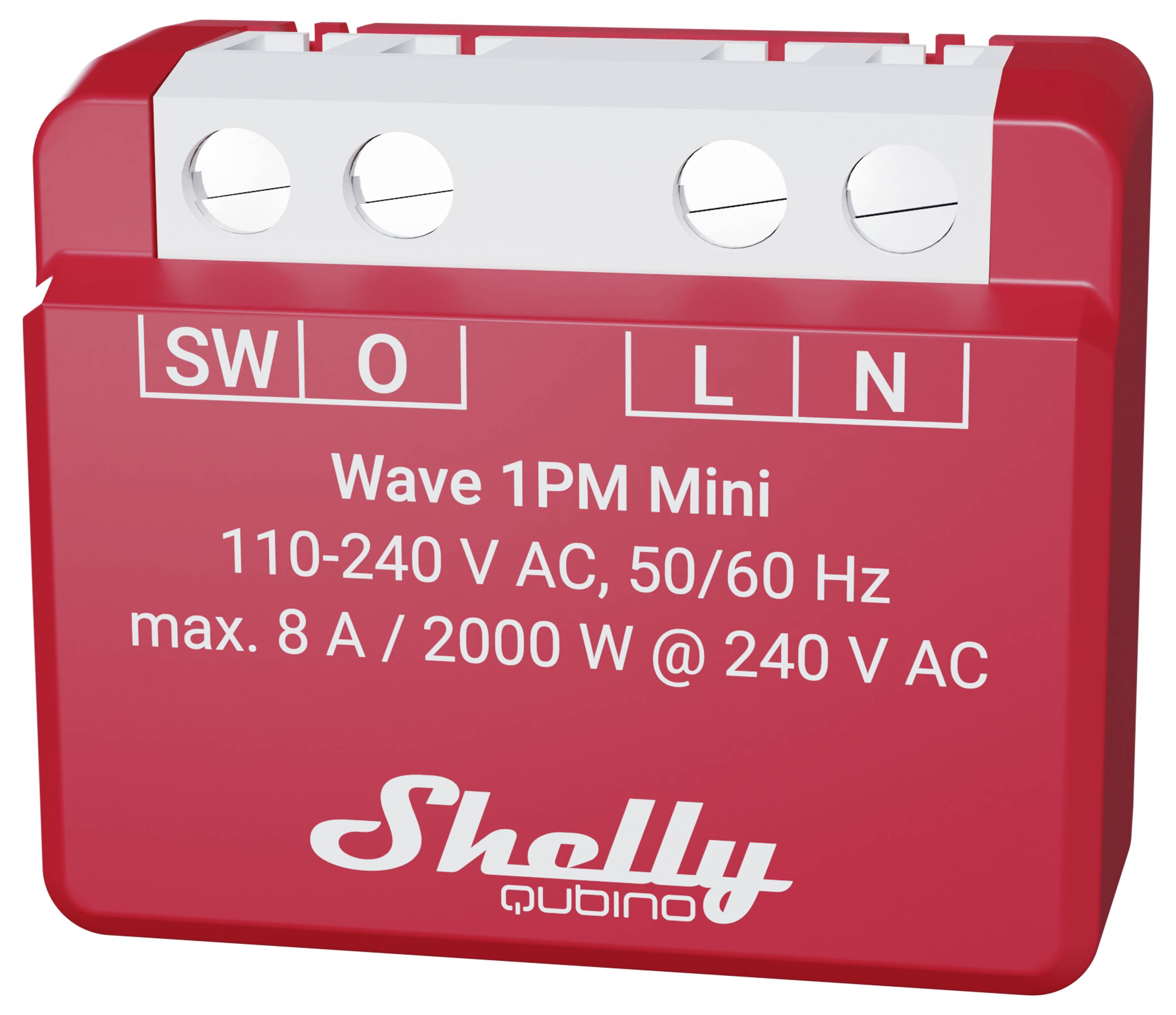 Appareil électrique rouge avec étiquetage 'SW', 'O', 'L', 'N'. Texte : 'Wave 1PM Mini, 110-240 V AC, 50/60 Hz, max. 8 A / 2000 W @ 240 V AC, Shelly Qubino'.