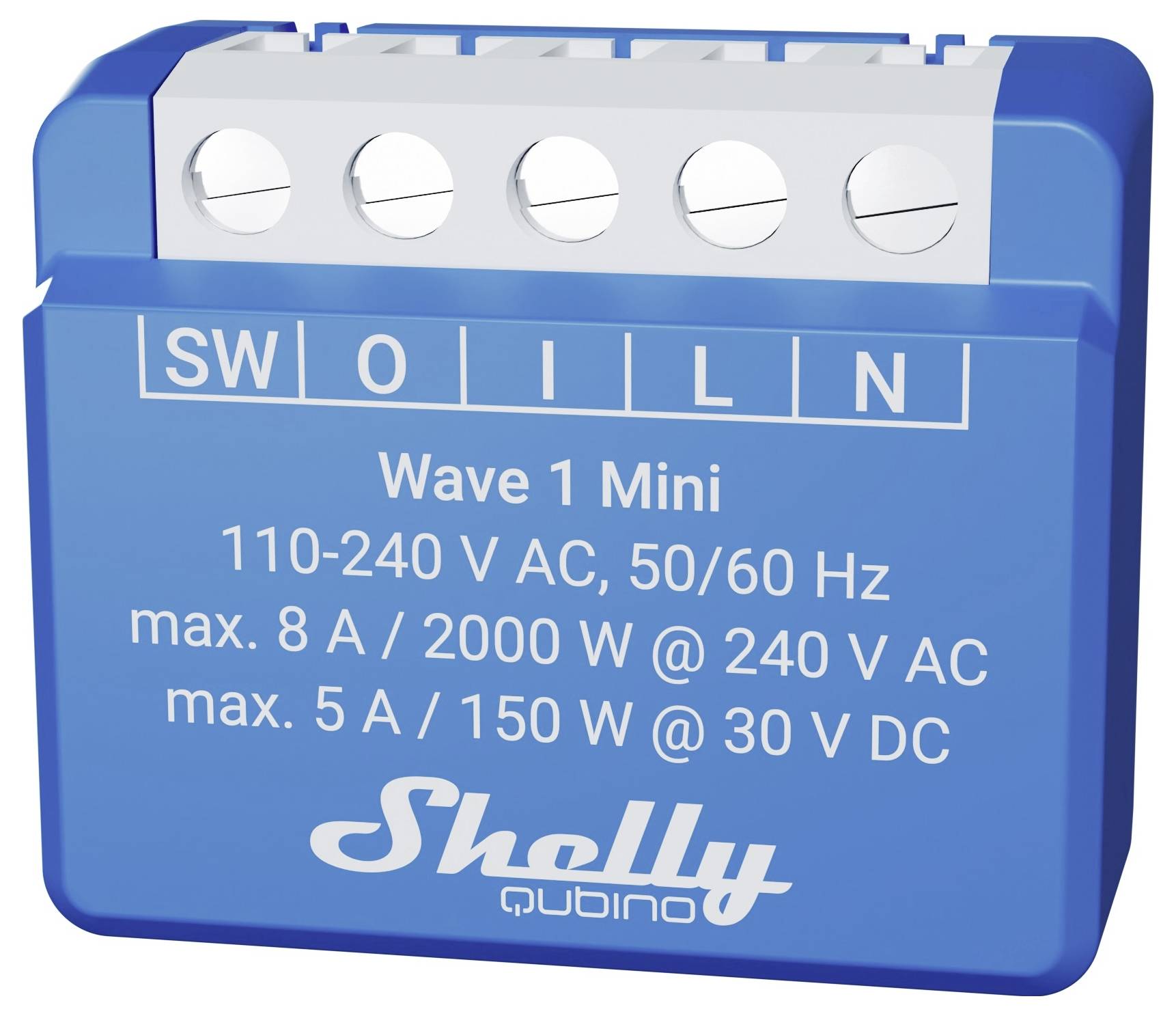 Un module de relais bleu pour circuits électriques avec étiquette indiquant la tension : 110-240 V AC et charges maximales : 2000 W à 240 V AC.