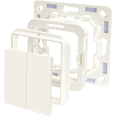 Un élément multicomposant de prise ou d'interrupteur en blanc. Les composants sont écartés et montrent les cadres et la plaque de montage.