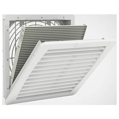 Grille de ventilation avec élément filtrant, légèrement ouverte, montrant sa structure interne et sa disposition en lamelles pour le passage de l'air.