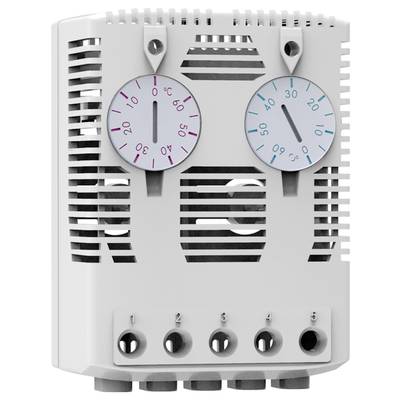 Un appareil électronique blanc avec deux affichages ronds : à gauche la température en degrés Celsius (-30 à 50) et à droite l'humidité en pourcentage (0 à 100).