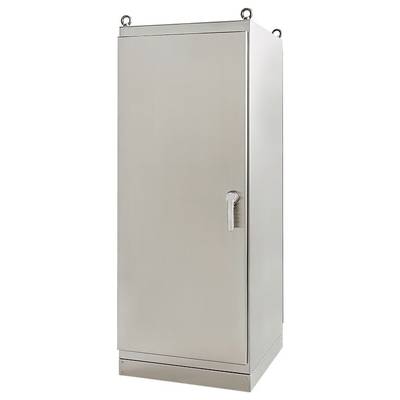 Un grand armoire métallique rectangulaire gris avec une poignée sur le côté droit. Quatre œillets sont présents à chaque coin en haut de l'armoire.