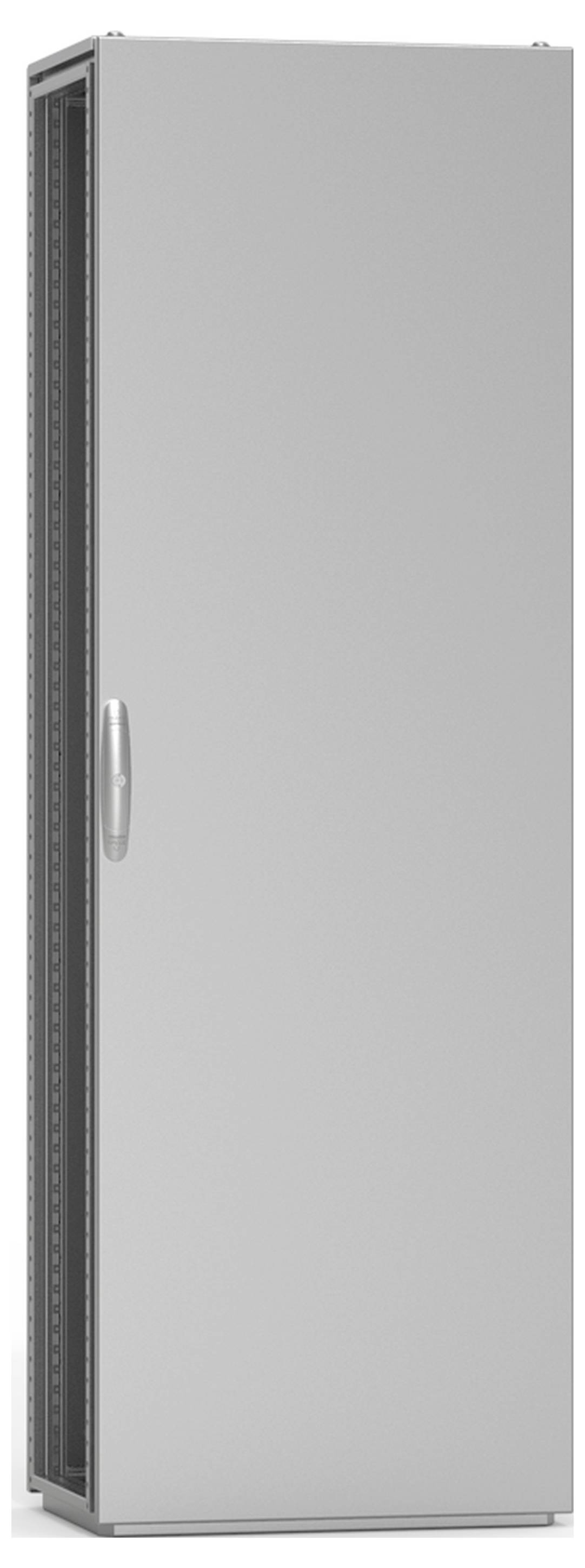 Un armoire métallique grise fermée, avec une poignée sur le côté gauche. L'armoire présente une forme simple et rectangulaire.