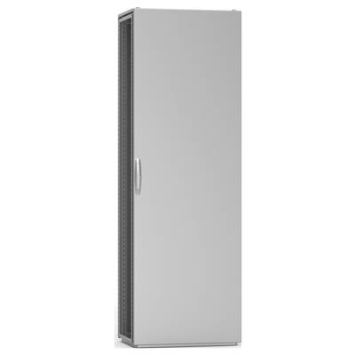 Un armoire métallique grise fermée, avec une poignée sur le côté gauche. L'armoire présente une forme simple et rectangulaire.