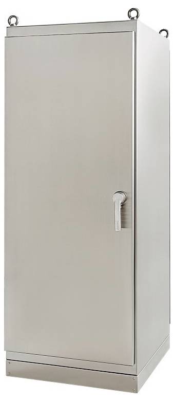 Armoire métallique avec poignée escamotable et quatre anneaux de levage en haut.