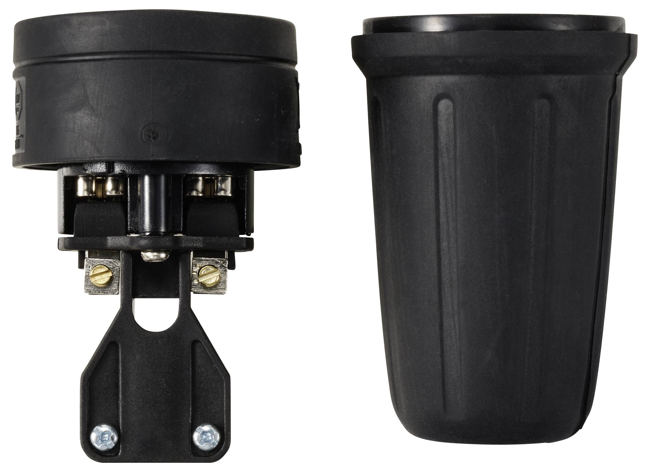 Deux éléments d'outils électriques cylindriques noirs : à gauche avec des vis de fixation et des contacts métalliques ; à droite un capuchon de protection lisse.