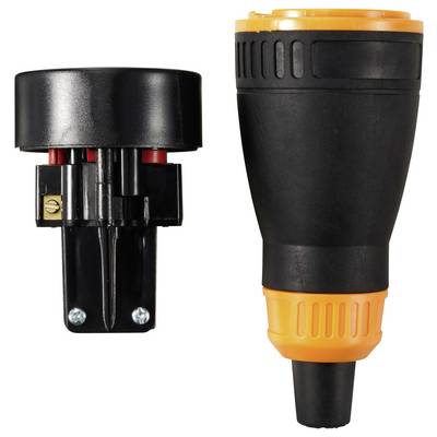 Deux adaptateurs de prise : À gauche, un adaptateur avec un boîtier noir et deux vis, à droite, un adaptateur conique avec un design noir et orange.