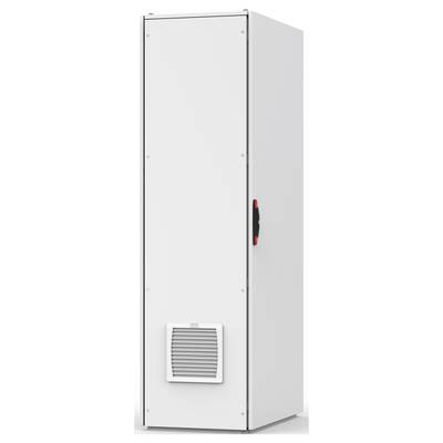 Un grand armoire métallique rectangulaire avec une poignée sur le côté et des ouvertures de ventilation sur la partie avant inférieure.
