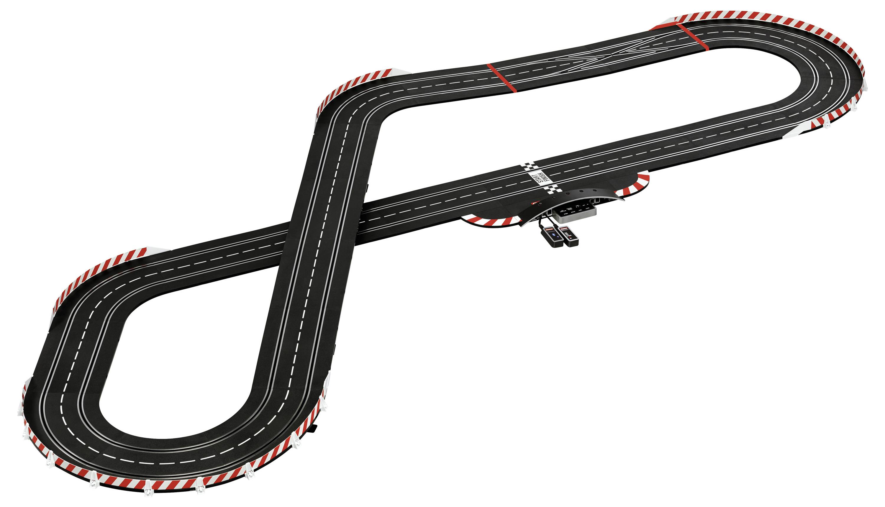 Une piste de course automobile en forme de huit avec une zone de départ et d'arrivée. Le circuit est marqué de bordures blanches et rouges dans les virages.