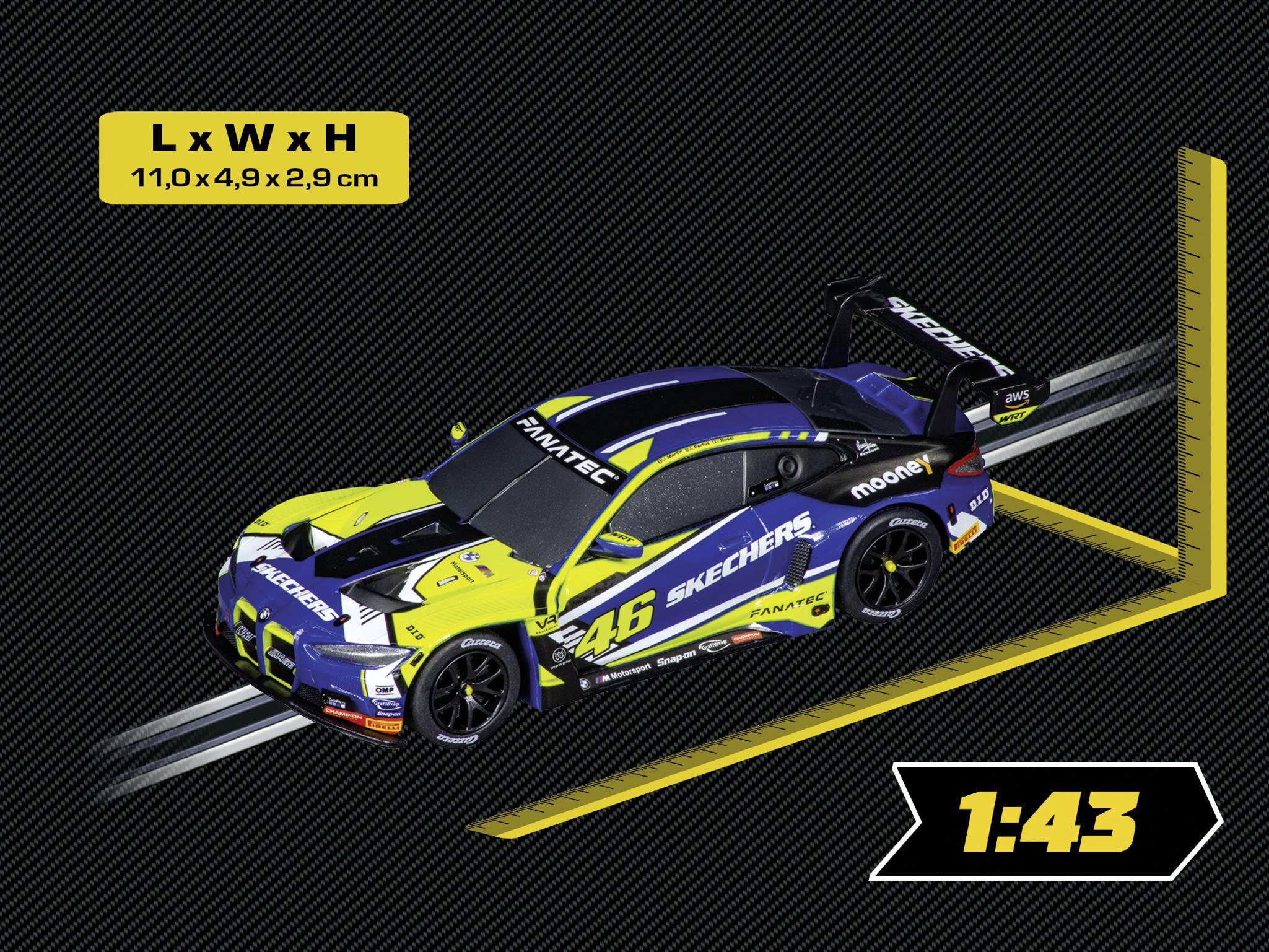 Une maquette de voiture à l'échelle en peinture bleue et jaune portant le numéro 46 et les logos de marque. Échelle : 1:43, dimensions : 11 x 4,9 x 2,9 cm.