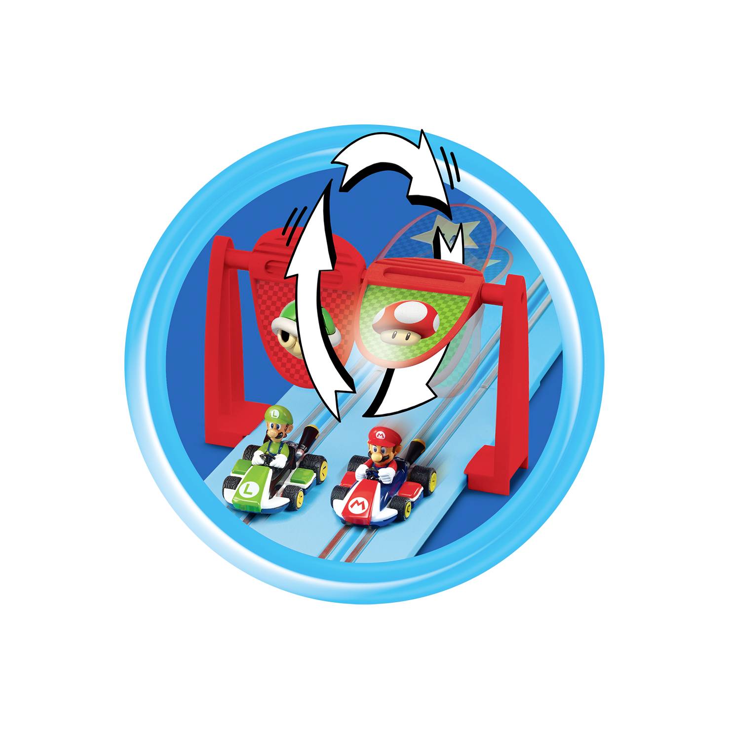 Deux karts de jouets roulent sur une piste bleue, passant un portail avec des motifs rotatifs. À gauche un kart vert, à droite un kart rouge.