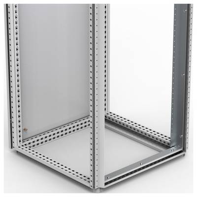 Un cadre métallique ouvert d'un armoire électrique, montrant la structure et la construction sans portes ni parois latérales, sur un fond blanc.
