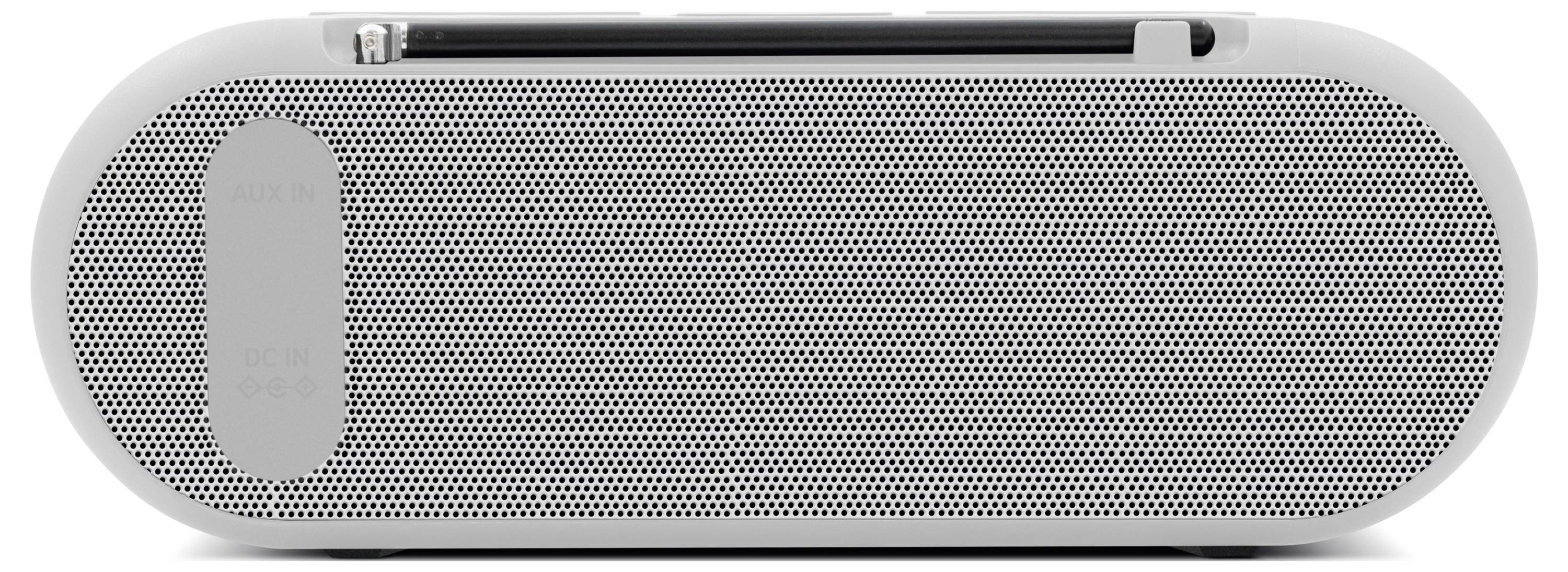 Un haut-parleur Bluetooth portable, ovale, gris avec une grille métallique à l'avant.
