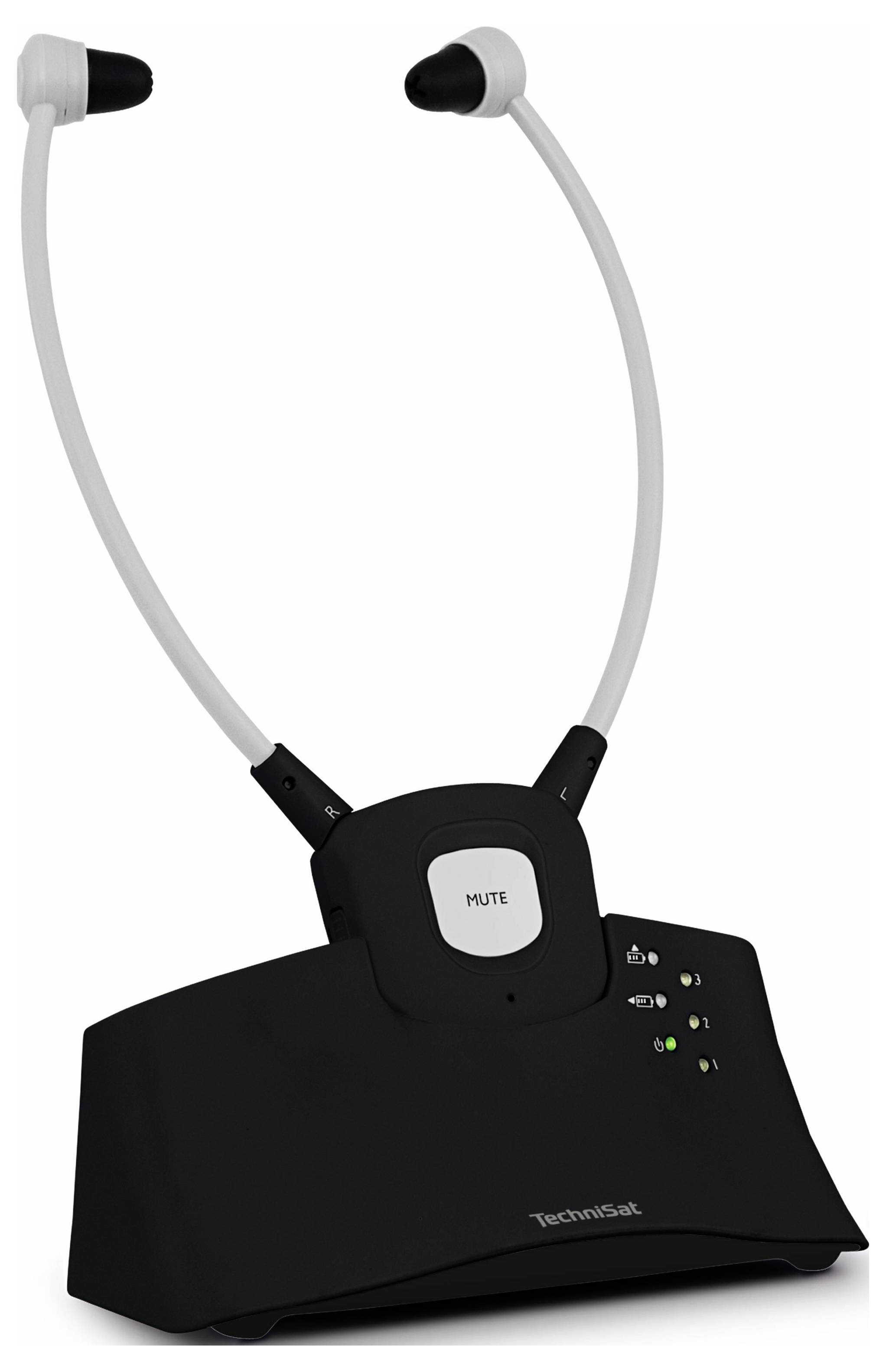 Un système d'amplification auditive sans fil noir avec station de charge. En haut se trouvent des écouteurs, au milieu une touche de sourdine.