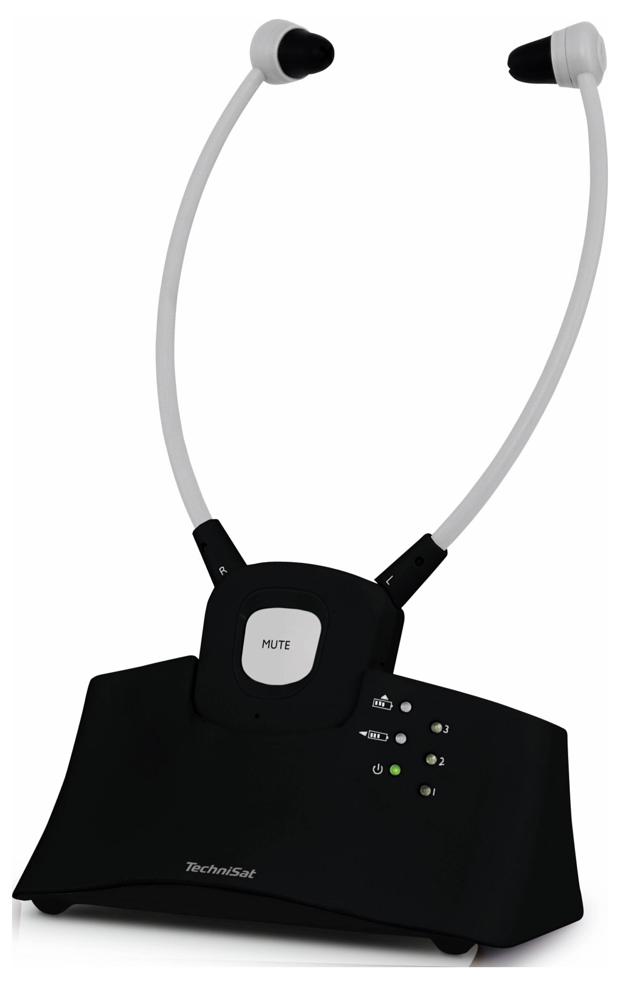 Système de casque pour téléviseur avec station de base et tour d'oreille, adapté pour l'écoute sans fil, avec contrôle du volume et bouton de sourdine.