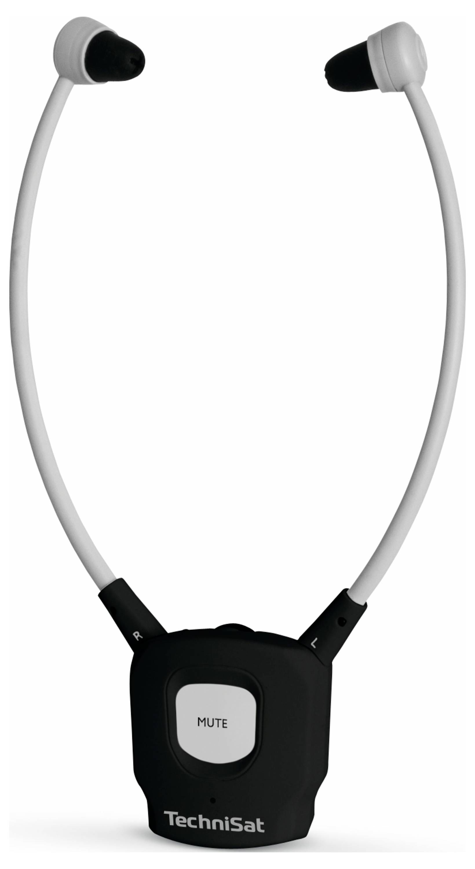 Un ensemble d'écouteurs intra-auriculaires noirs avec une arceau et une touche de sourdine, de la marque TechniSat. Probablement utilisé pour la réception audio.
