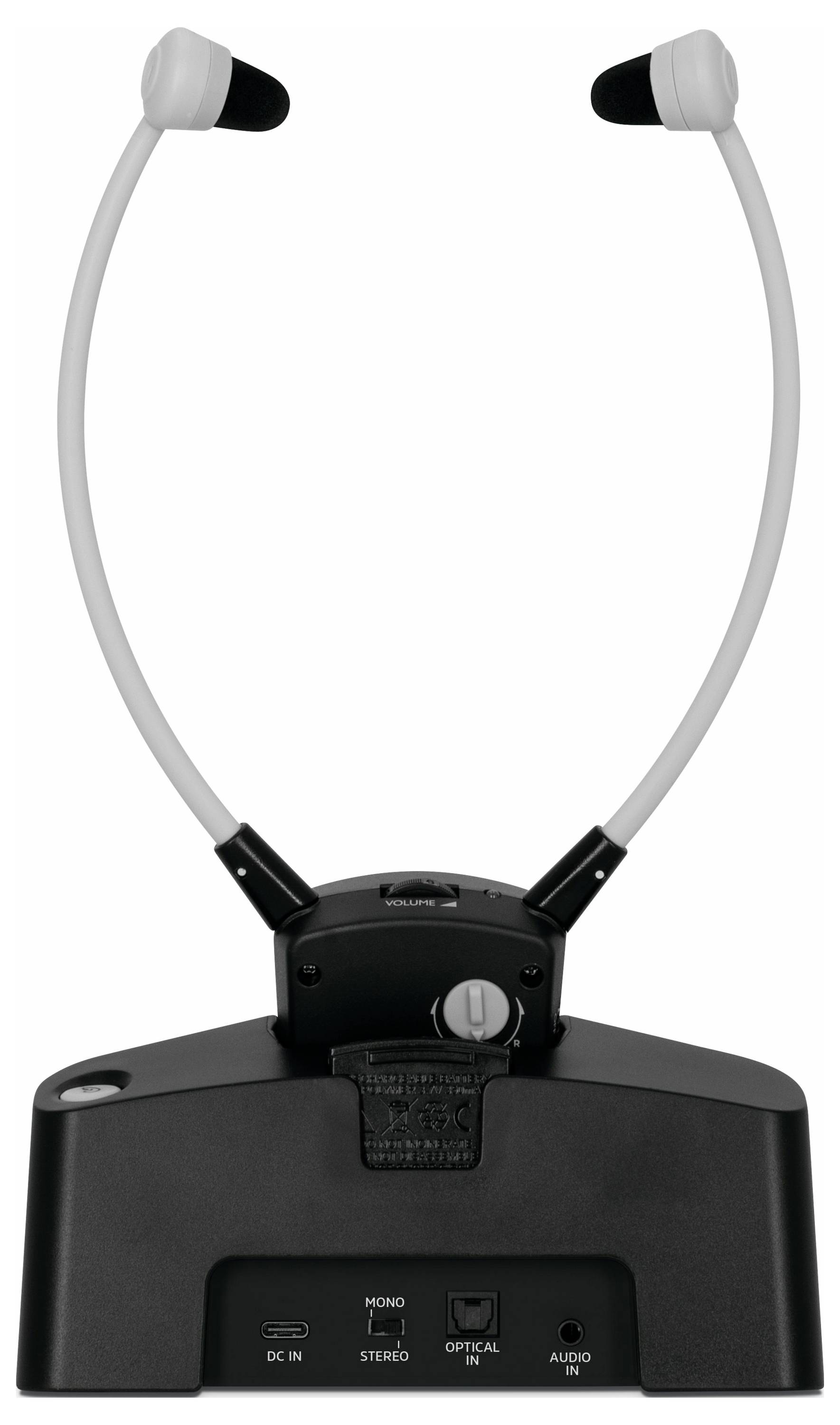 Système audio TV sans fil avec écouteur repose-menton et station de base, adapté aux personnes malentendantes, améliorant la qualité sonore et la compréhension vocale.