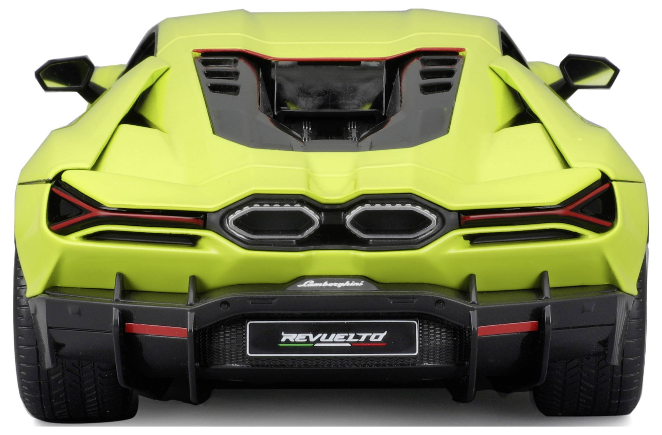 Voiture de sport verte vue de l'arrière, design distinctif avec des détails rouges et le nom du modèle 'Revuelto' et le logo du constructeur bien visibles.