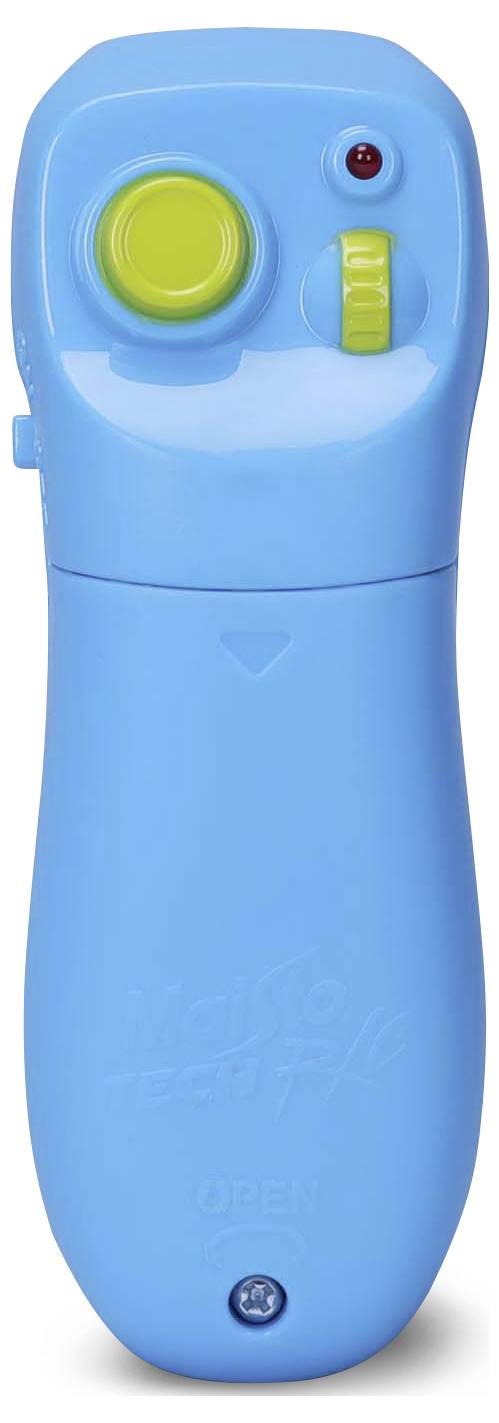 Un appareil bleu tenu à la main avec un bouton vert et un interrupteur sur le dessus. Probablement destiné à commander un jouet électronique.