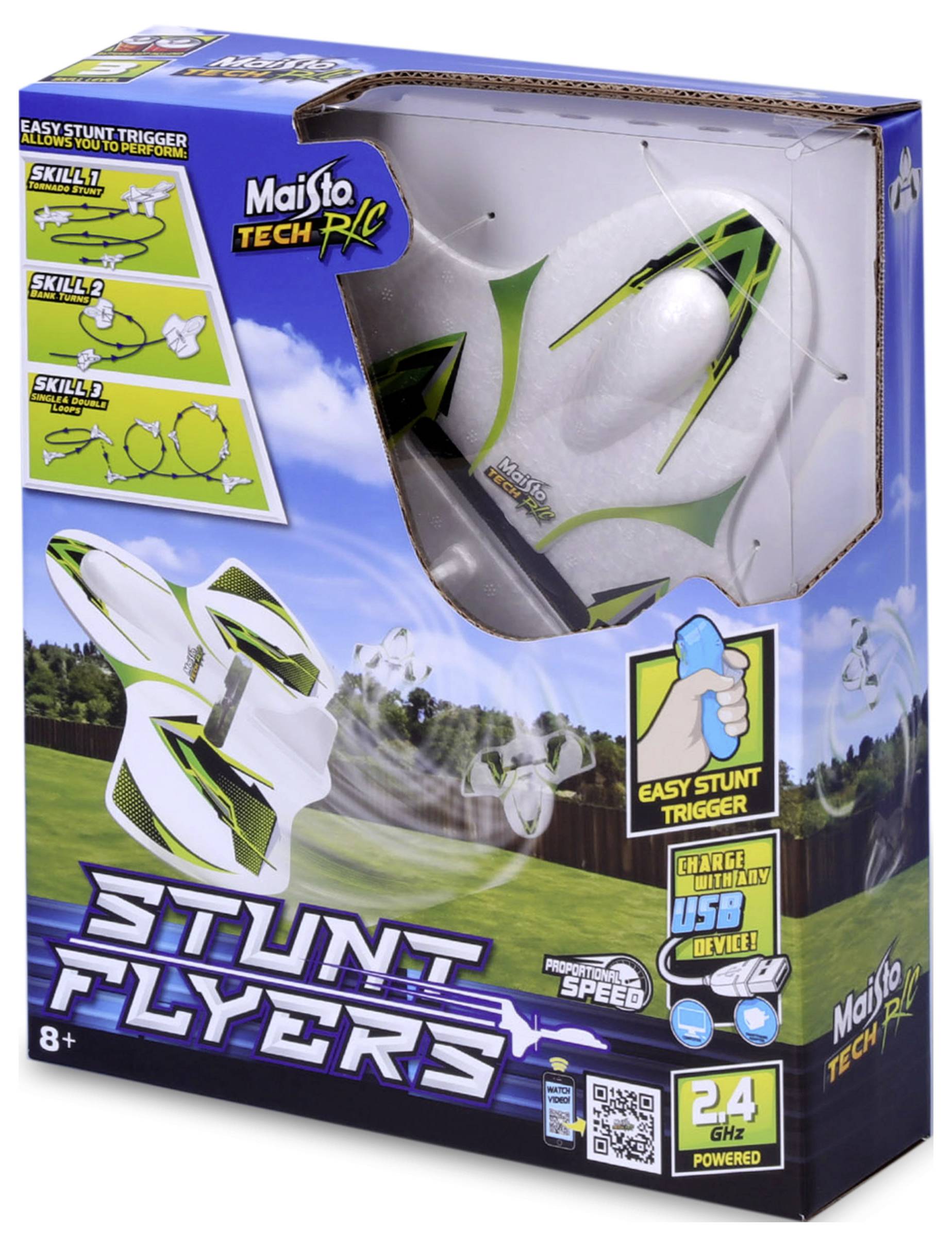 Emballage d'un avion télécommandé, appelé 'Stunt Flyers', avec des détails verts et blancs. Convient aux enfants à partir de 8 ans. Comprend un chargeur et un mode d'emploi.