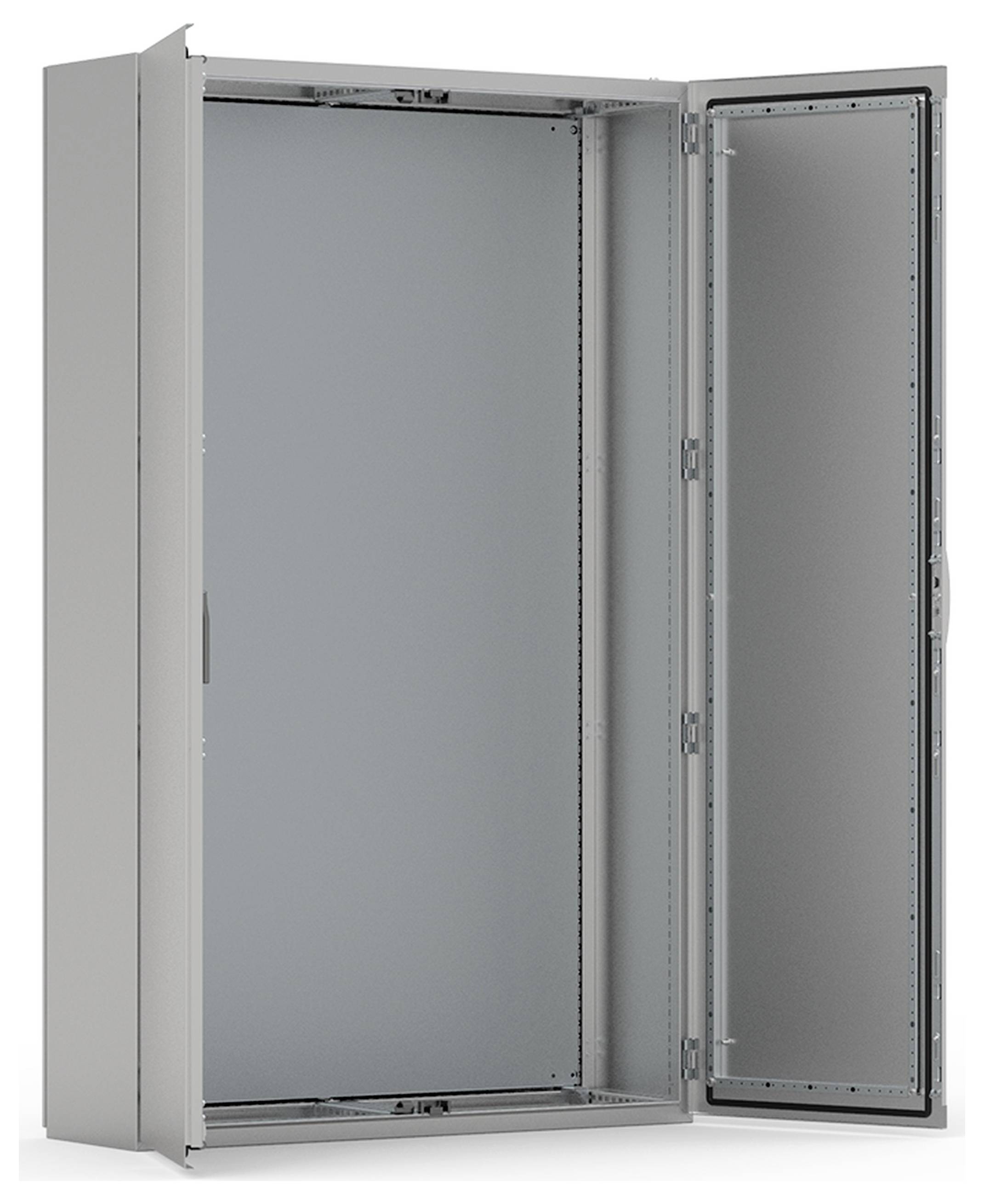 Un placard métallique gris ouvert, vide de tout contenu. À gauche, la porte est ouverte, révélant un intérieur vide aux parois métalliques.