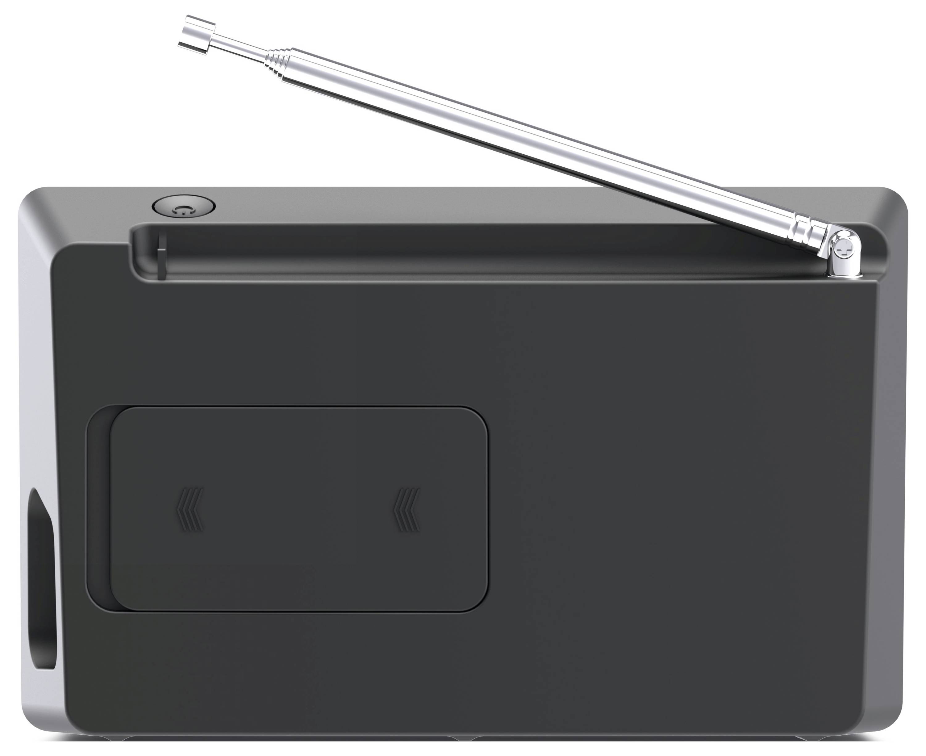 Un poste de radio portable noir avec une antenne télescopique déployée, vu de dos.