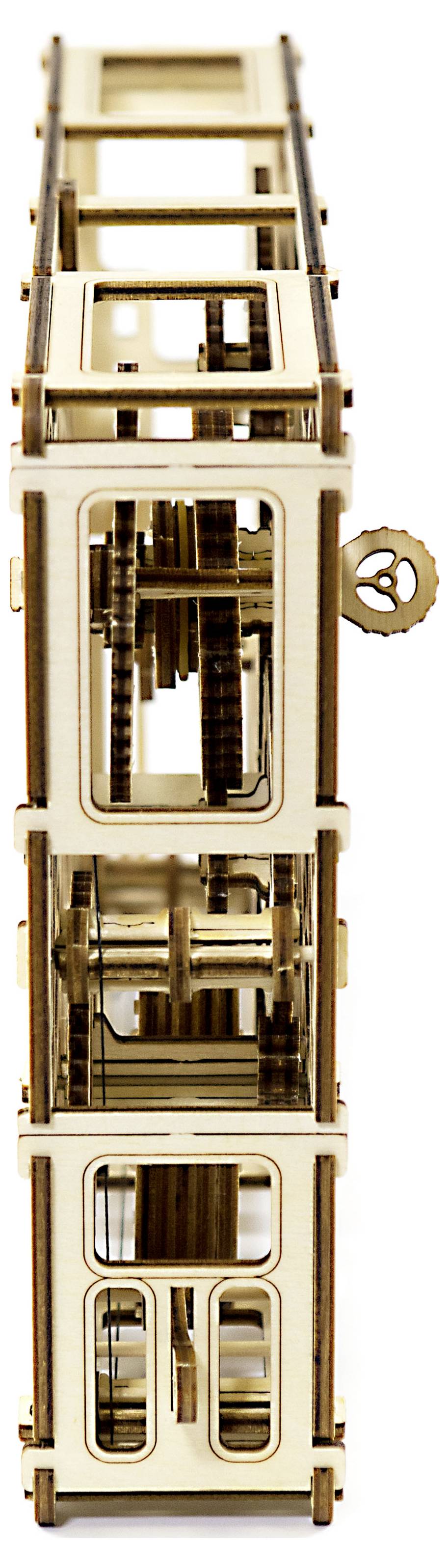 Modèle d'un relais mécanique avec des engrenages et un levier, fabriqué en bois, montrant l'intérieur détaillé et le fonctionnement.