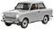 Un Trabant 601 gris, une voiture emblématique de la RDA, est posé sur un fond blanc. Le véhicule présente un design rétro classique.