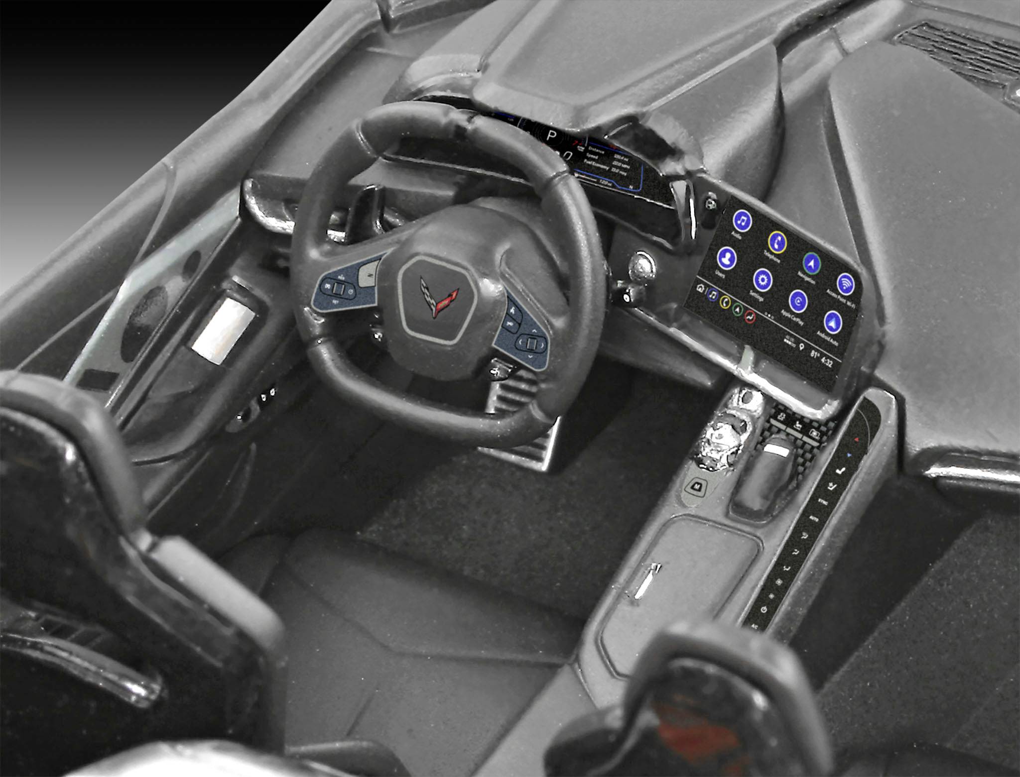 Vue intérieure d'une voiture avec volant, compteur de vitesse et écran digital. Illustre la technologie automobile moderne et les éléments de commande.