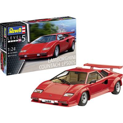 Une voiture miniature rouge d'un Lamborghini Countach LP500S de Revell, à l'échelle 1:24, à côté de son emballage représentant la même voiture.