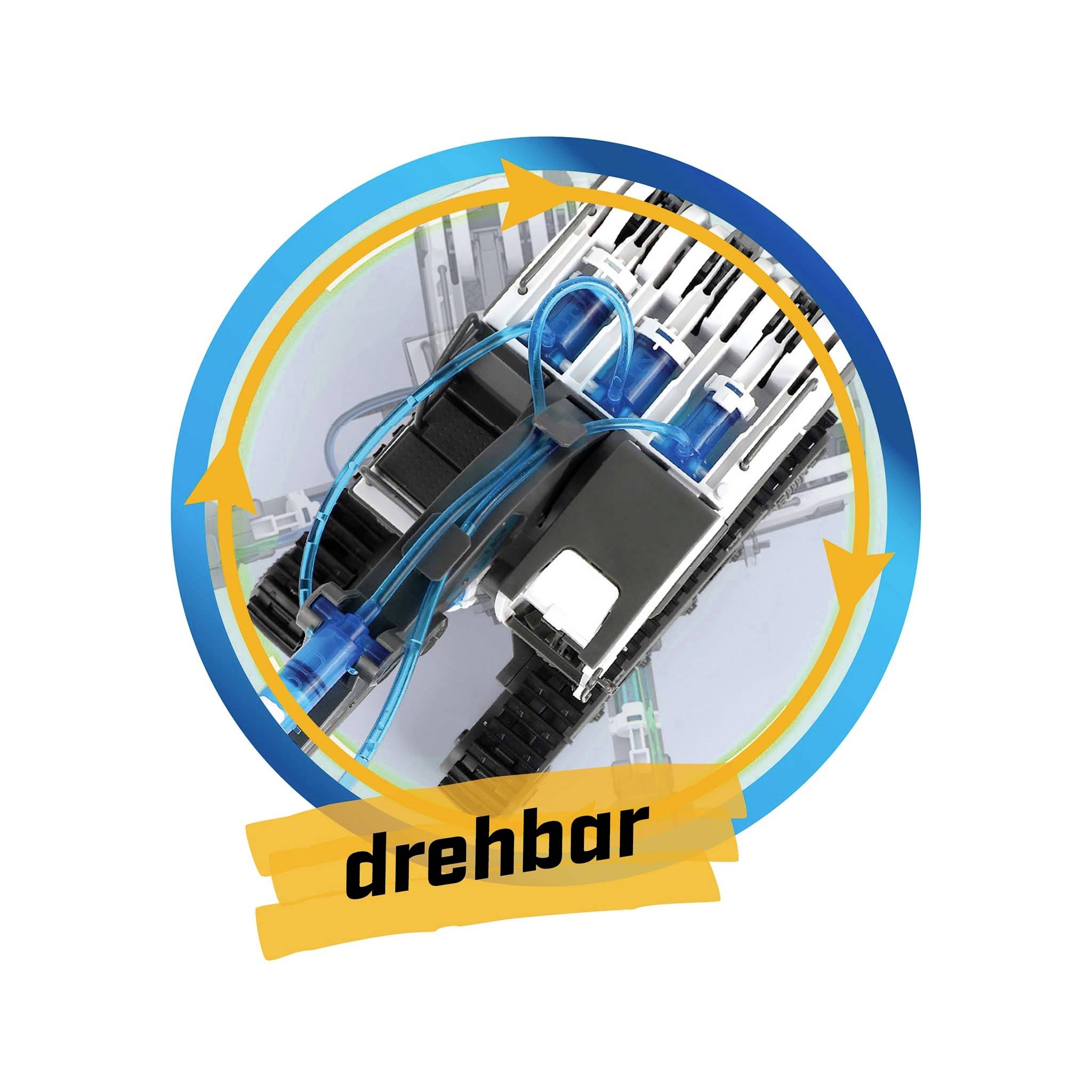 'Drehbar' affiche une pièce mécanique bleue et noire avec des flèches en cercle, ce qui suggère une mobilité ou une adaptabilité.