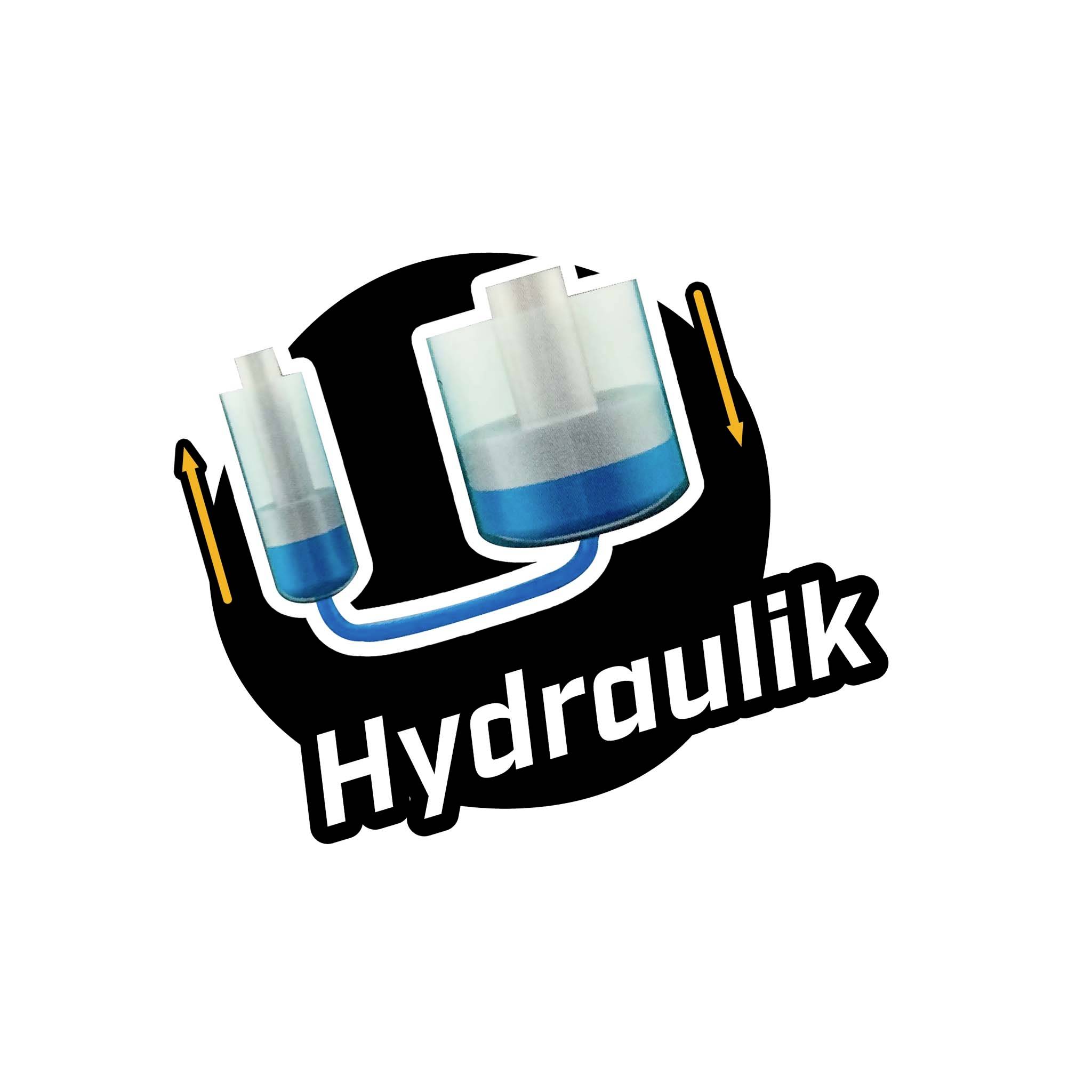 'Illustration d'un système hydraulique simple avec deux cylindres et des tubes de connexion. Les flèches indiquent le sens de l'écoulement.'