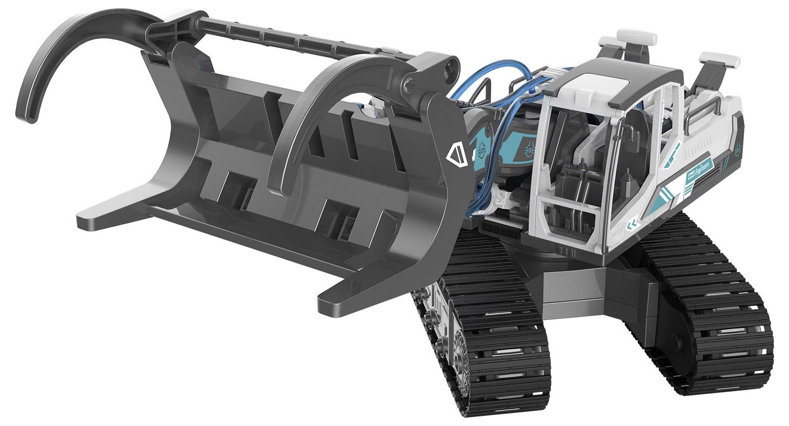 Une grue-jouet sur chenilles avec une pince mobile, dans des tons de bleu et de noir. Adaptée aux jeux des enfants.