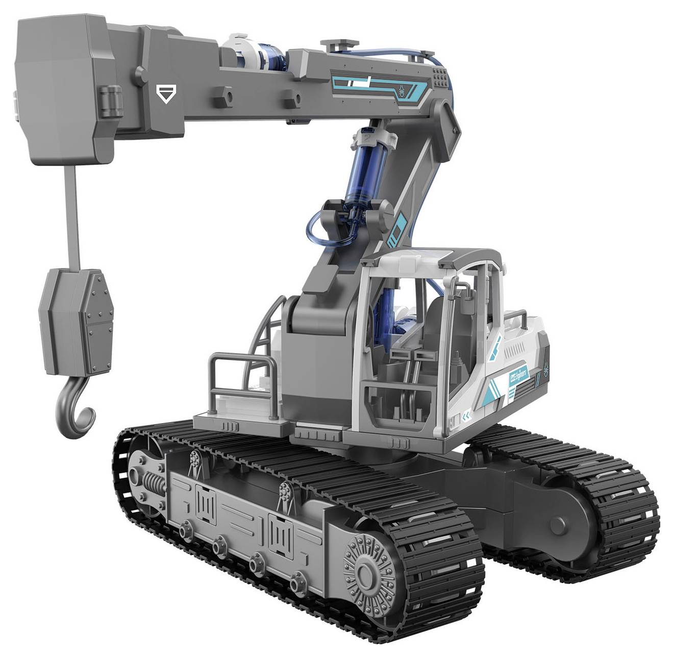 Grue jouet grise sur chenilles avec flèche mobile et crochet, design moderne et détails techniques.