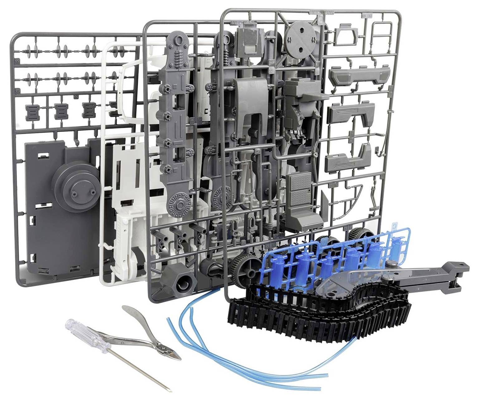 Ensemble de pièces d'un modèle en plastique, composé de plusieurs cadres de moulage contenant différents composants, un tournevis et une pince.